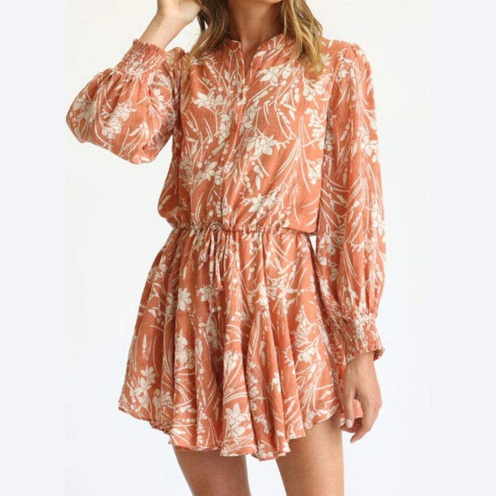Anthropologie Fate Floral Blouson Dress Womens Medium Orange Long Sleeve Boho